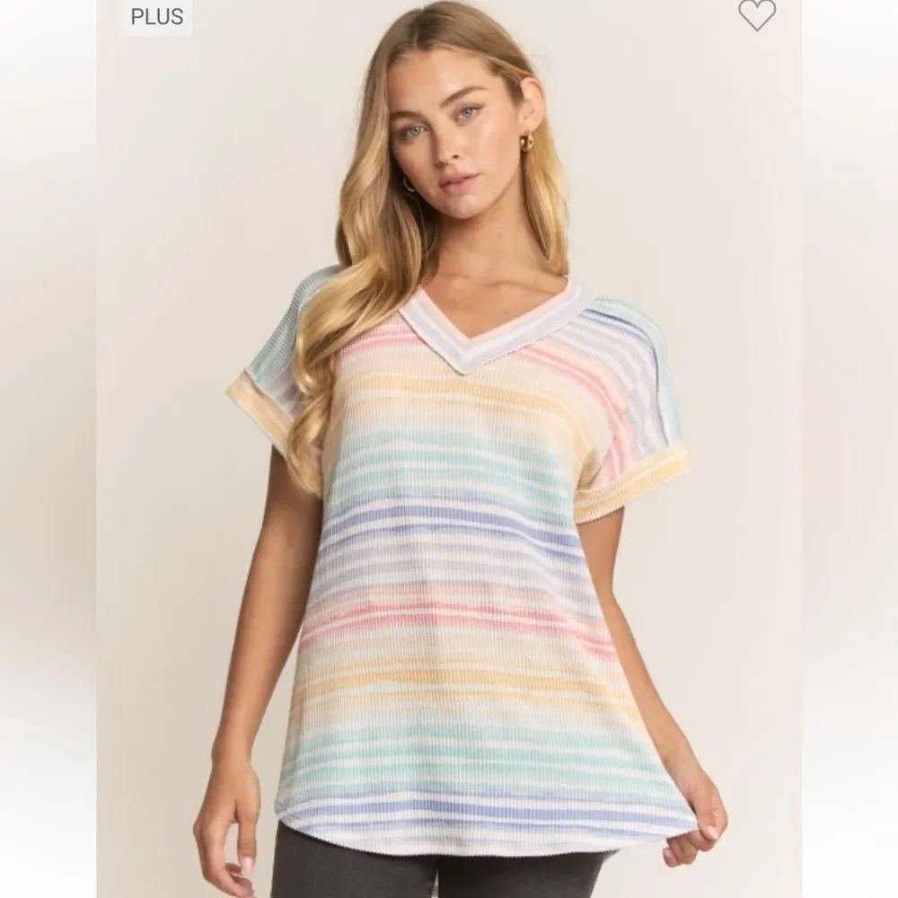 HEIMISH USA Pastel Rainbow Striped V-Neck Short Sleeve Top